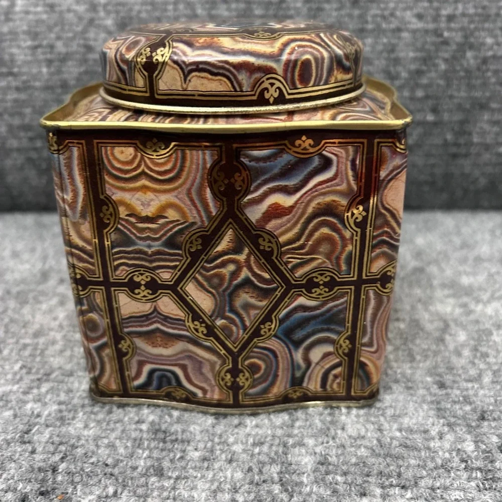 Dodo Designs Vintage Tea Canister Marbled Agate Pattern Tin Made in England Gold